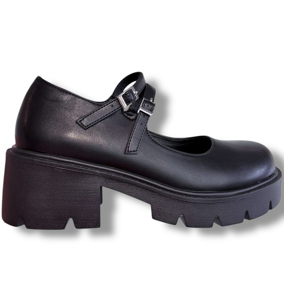 NIB Black Chunky Platform Mary Jane Shoes Women Size 8.5 Double Strap Buckle - Picture 12 of 14